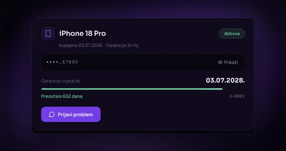 Tab Uređaji u Loyal portalu: iPhone 18 Pro s datumom do kada garancija vrijedi, trakom preostalog roka i dugmetom za prijavu problema