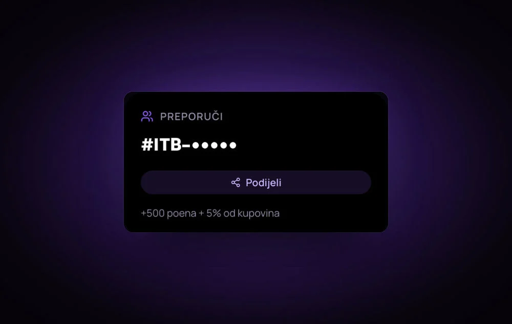 Kartica za preporuku u Loyal portalu: broj člana, dugme za dijeljenje i 500 poena